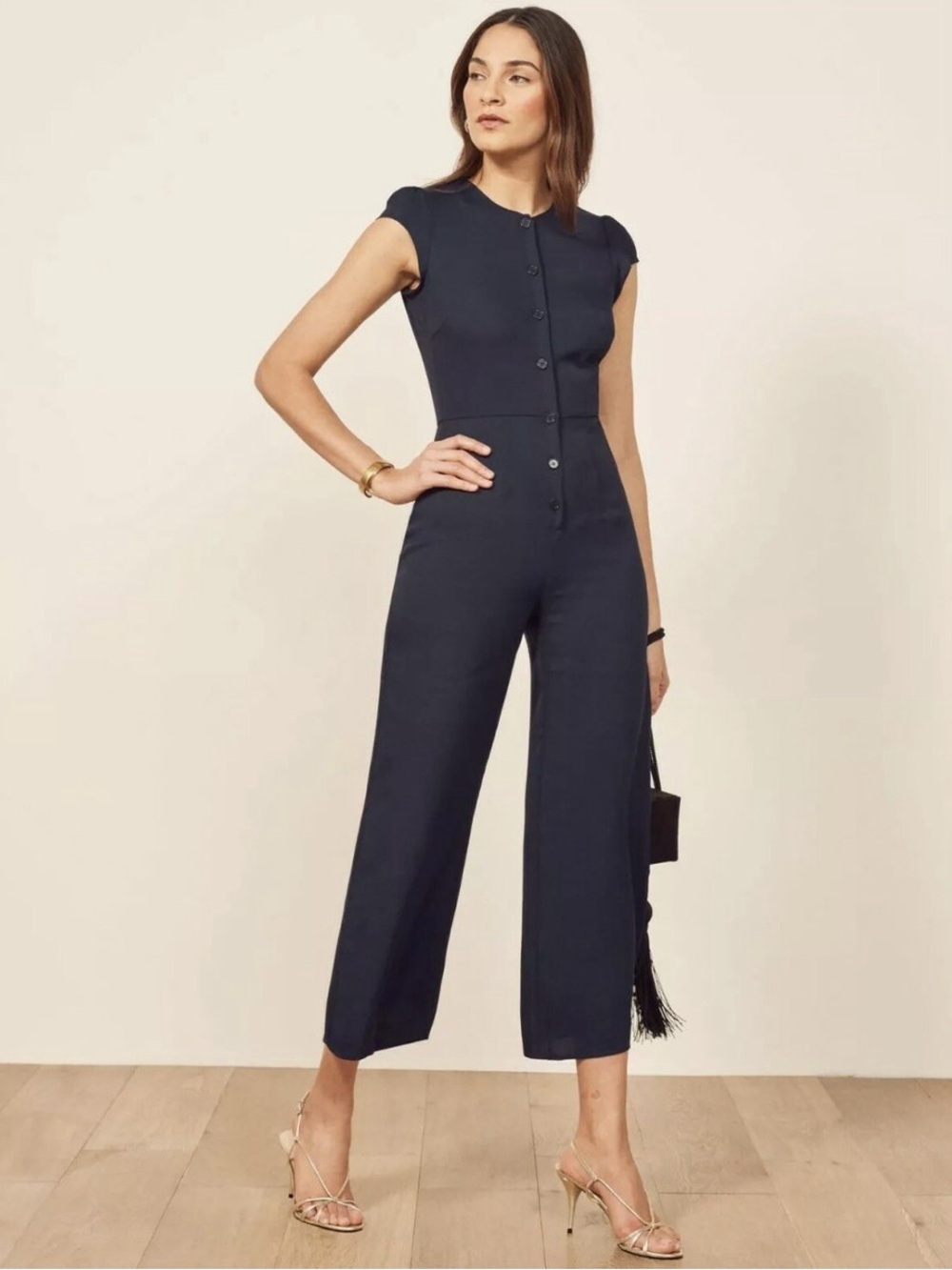 REFORMATION | $189 R Navy Cap-Sleeve Button Front Jumpsuit